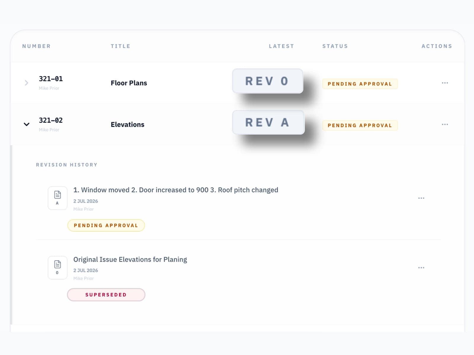 Drawing register showing revision history