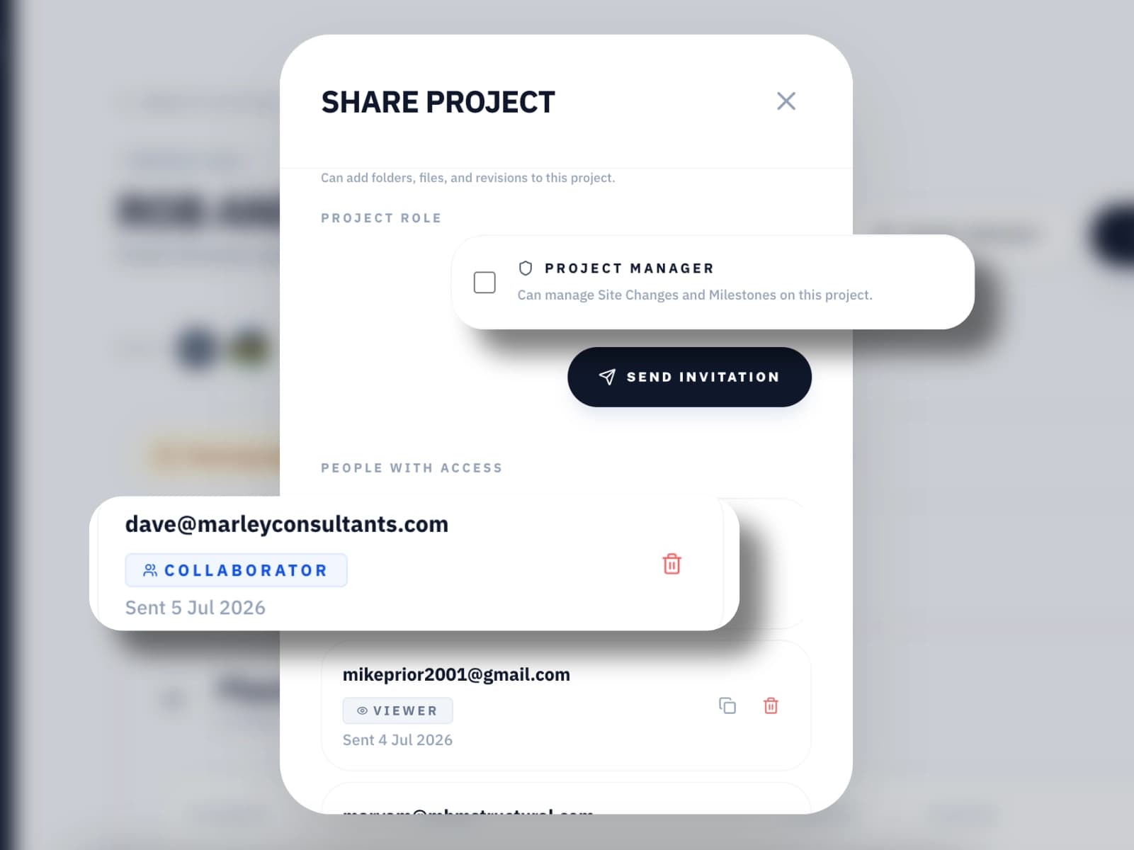 Share page showing project register in view-only mode