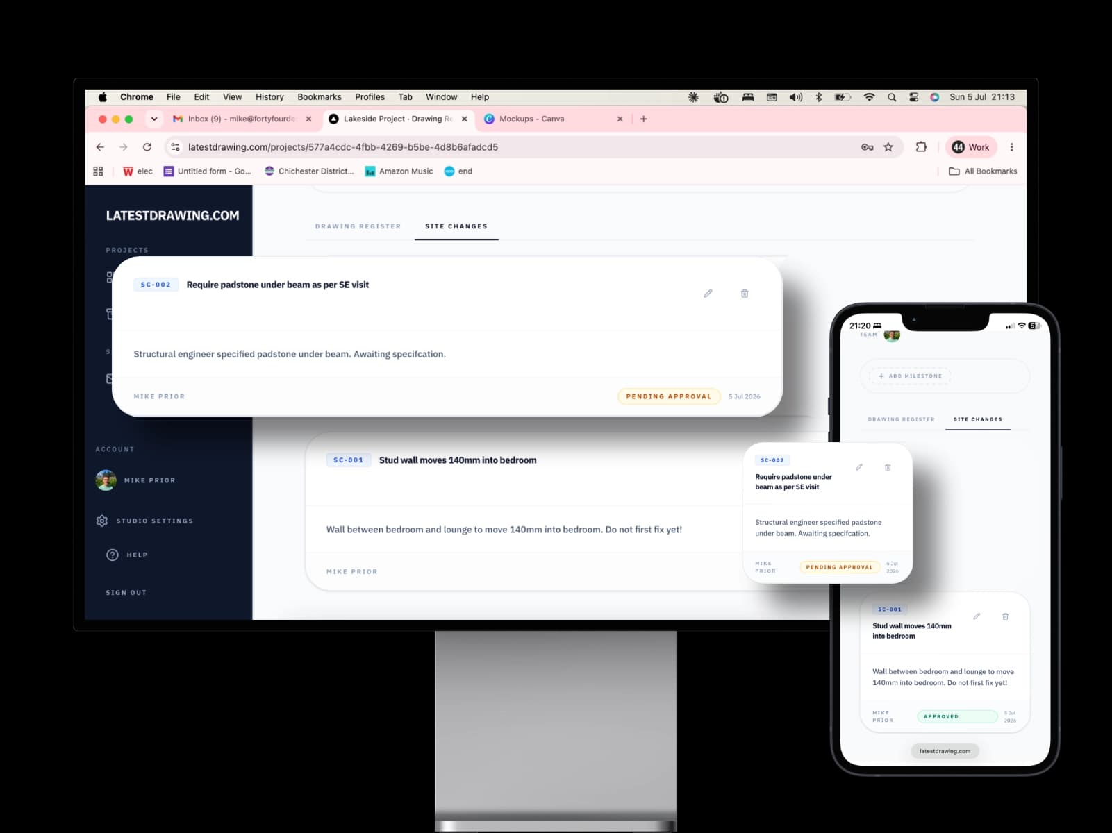 Site changes feed showing issued changes